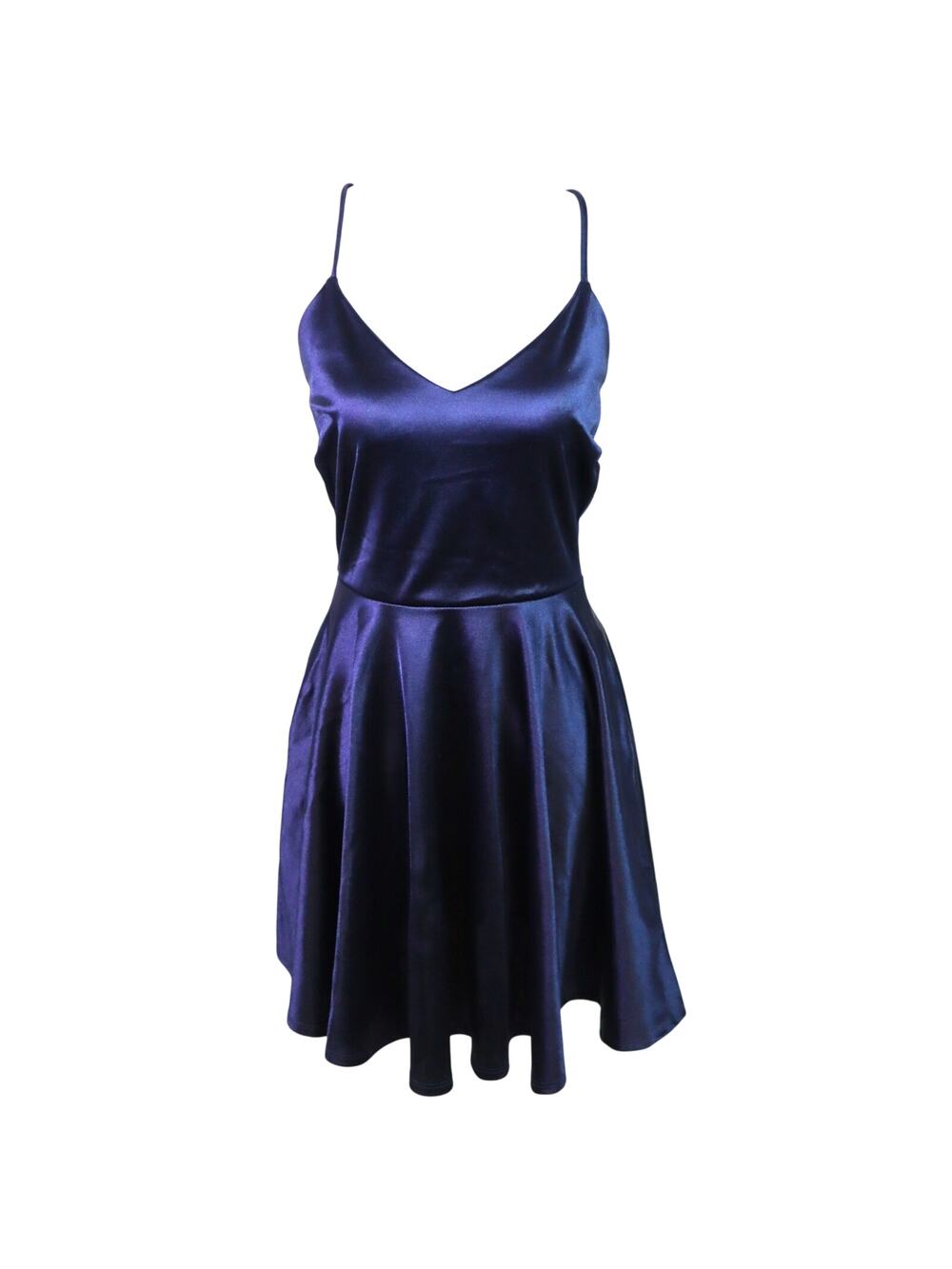 Winsdor Navy Blue Satin Silky Slip Dress Mini Strappy V Neck Fit & Flare Medium
